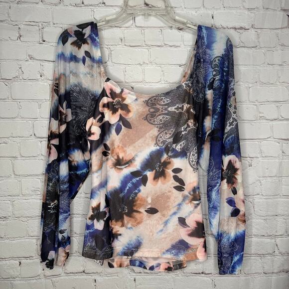 Boston Proper Wms S Floral Paisley Print Shirred Mesh Top Lined Boho Peasant - Picture 3 of 9